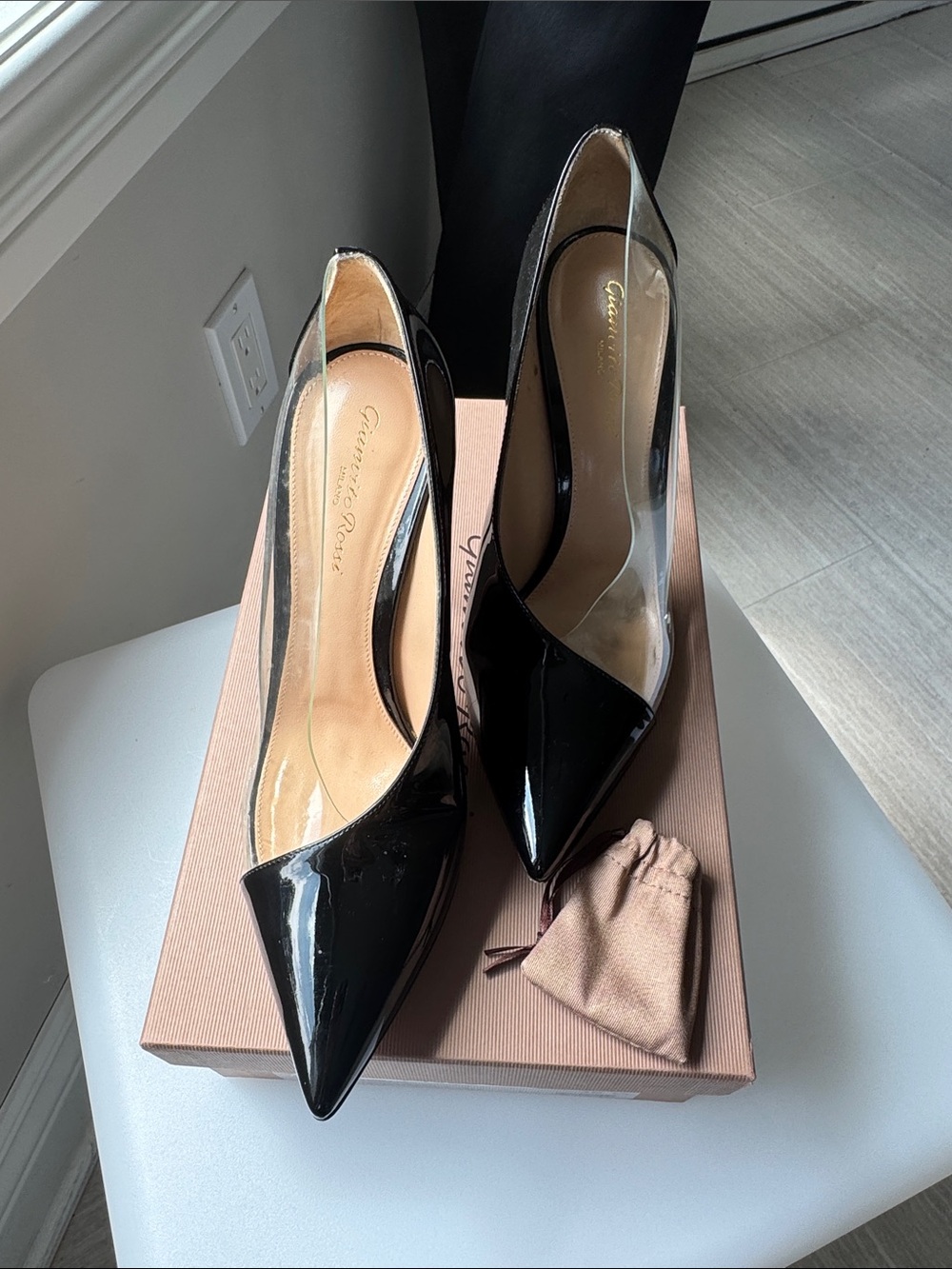 Gianvito Rossi Black Patent and Clear Panel Pointed-Toe Pumps